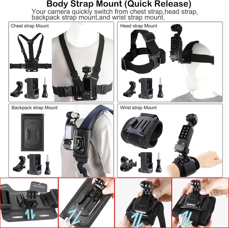 PELLKING Accessories Kit for Osmo Pocket 3/Xtra Muse,Included Carrying Case with Belt,135cm Selfie Stick Tripod,Suction Cup,Magnetic Mount,4 Pcs Body Strap Mount,Silicone Base,Mini Tripod and Others - Image 4